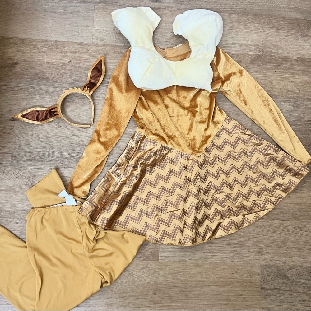 Pokemon Evie Gold and Brown Zigzag Costume Set w Ears Clean Girls Sz L 10-12 Yrs